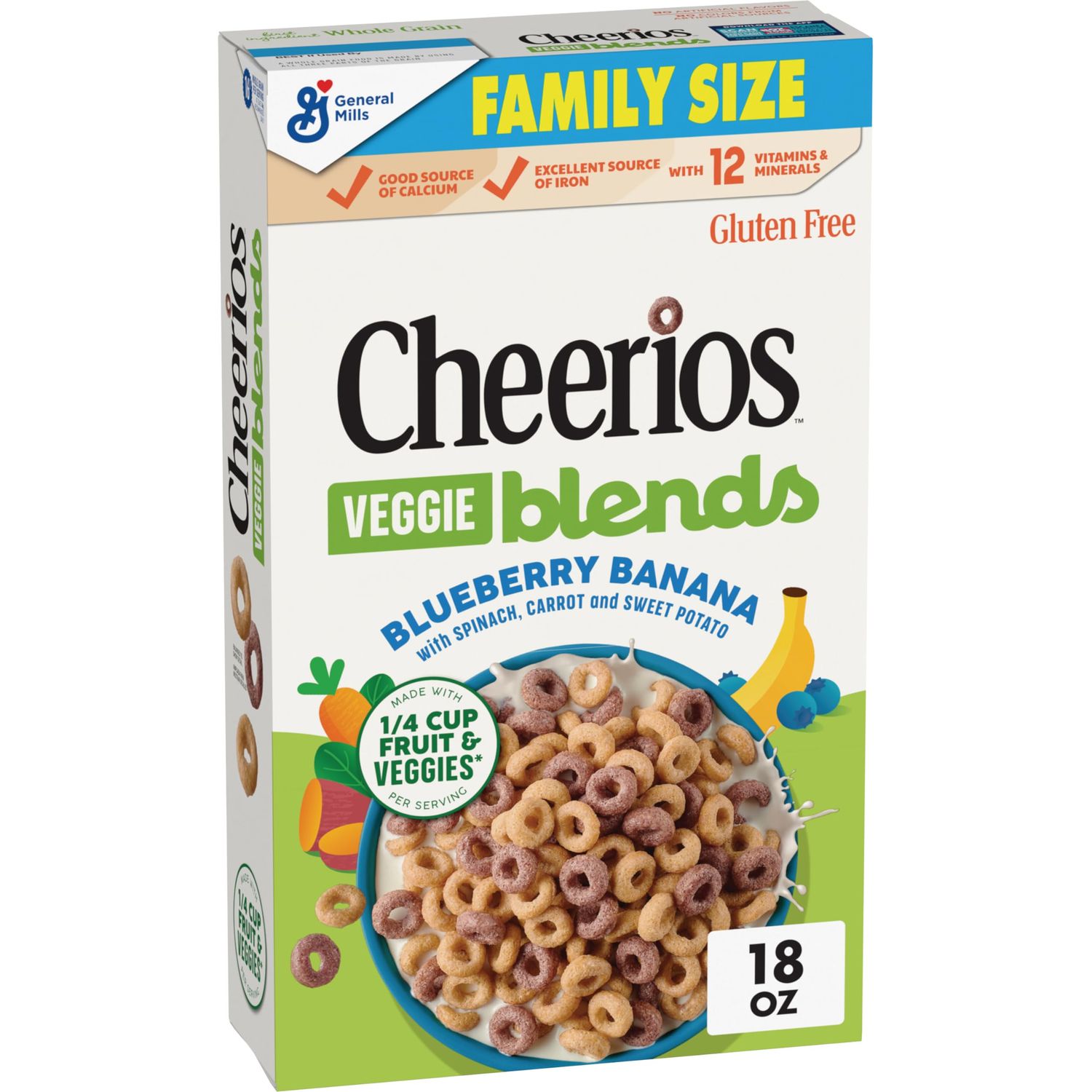 Cheerios Veggie Blends Breakfast Cereal, Blueberry Banana Flavored, Made with Fruits and Veggies, Family Size, 18 oz