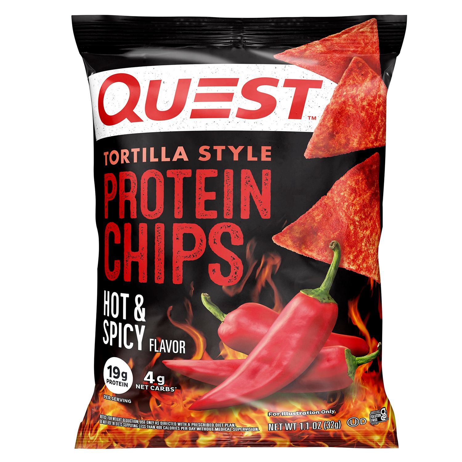 Quest Nutrition Tortilla Style Protein Chips, Hot &amp; Spicy, 19g of Protein, 4g Net Carbs, Gluten Free, 1.1 Ounce (Pack of 12)