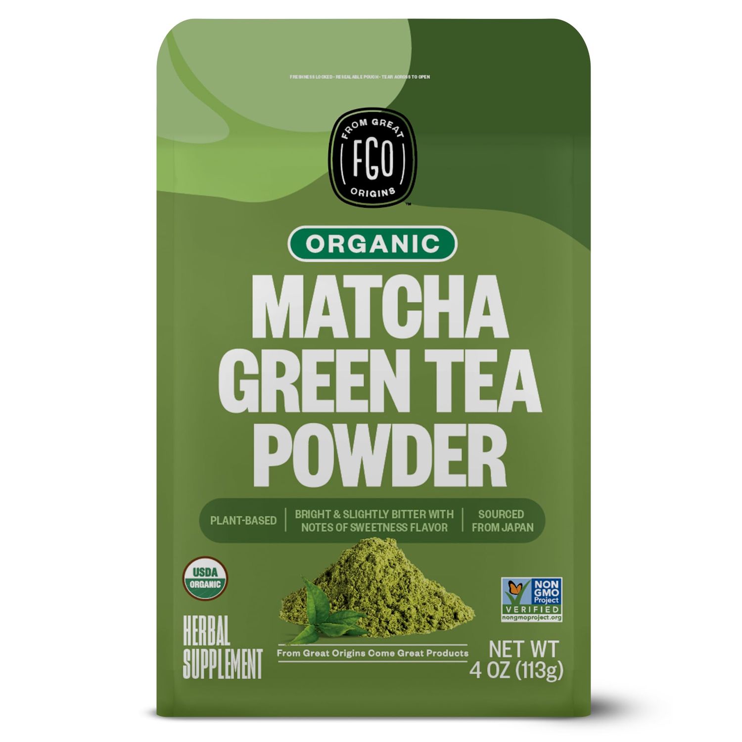 FGO Organic Matcha Green Tea Powder, Japanese Culinary Grade, Resealable Bag, 4oz, Packaging May Vary (Pack of 1)