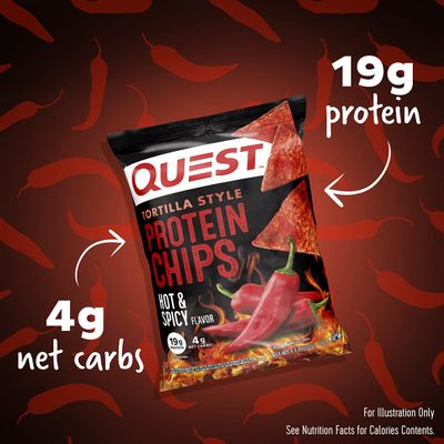 Quest Nutrition Tortilla Style Protein Chips, Hot &amp; Spicy, 19g of Protein, 4g Net Carbs, Gluten Free, 1.1 Ounce (Pack of 12)
