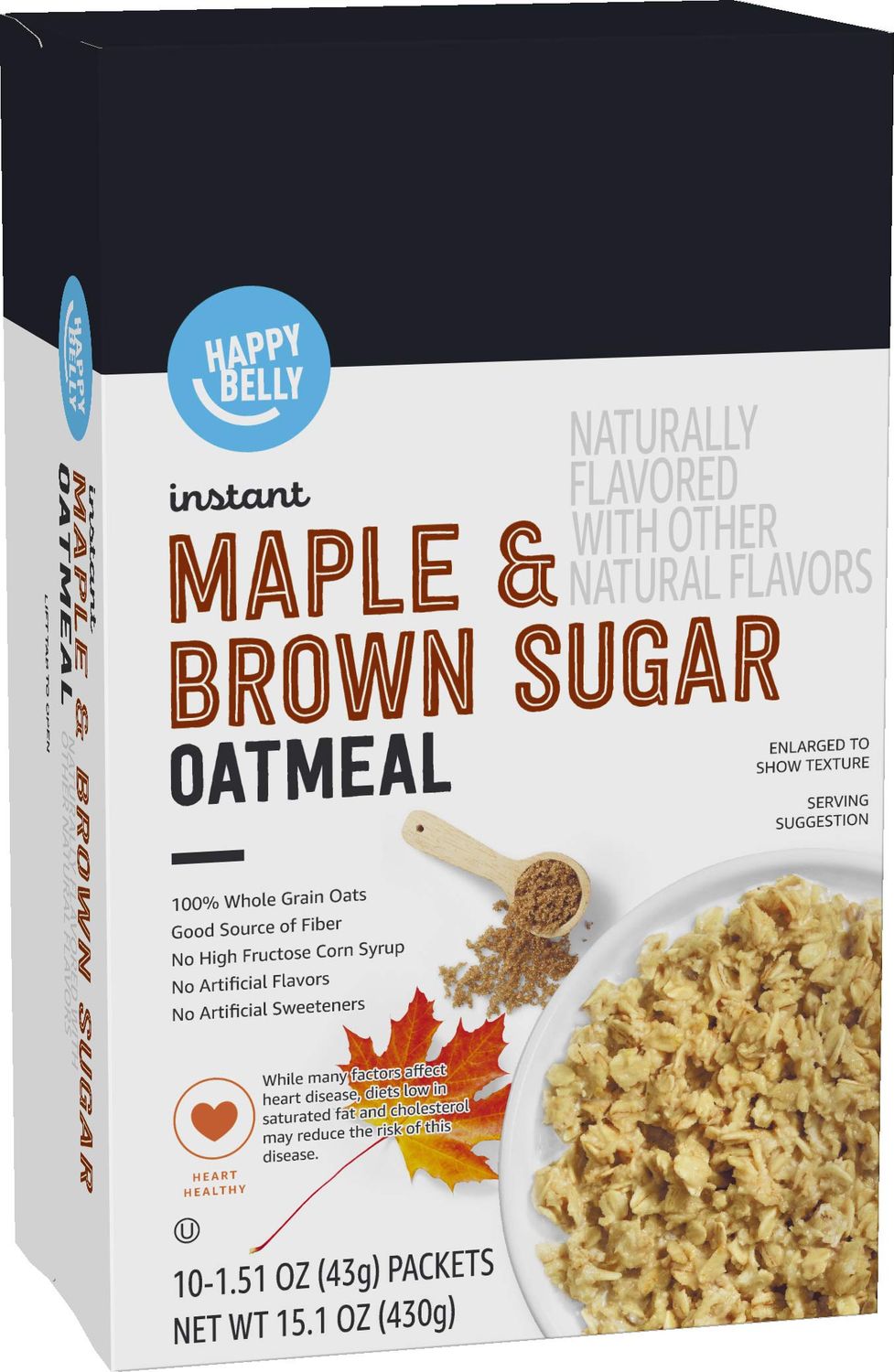 Amazon Brand - Happy Belly Instant Oatmeal, Maple &amp; Brown Sugar, 1.51 ounce (Pack of 10)