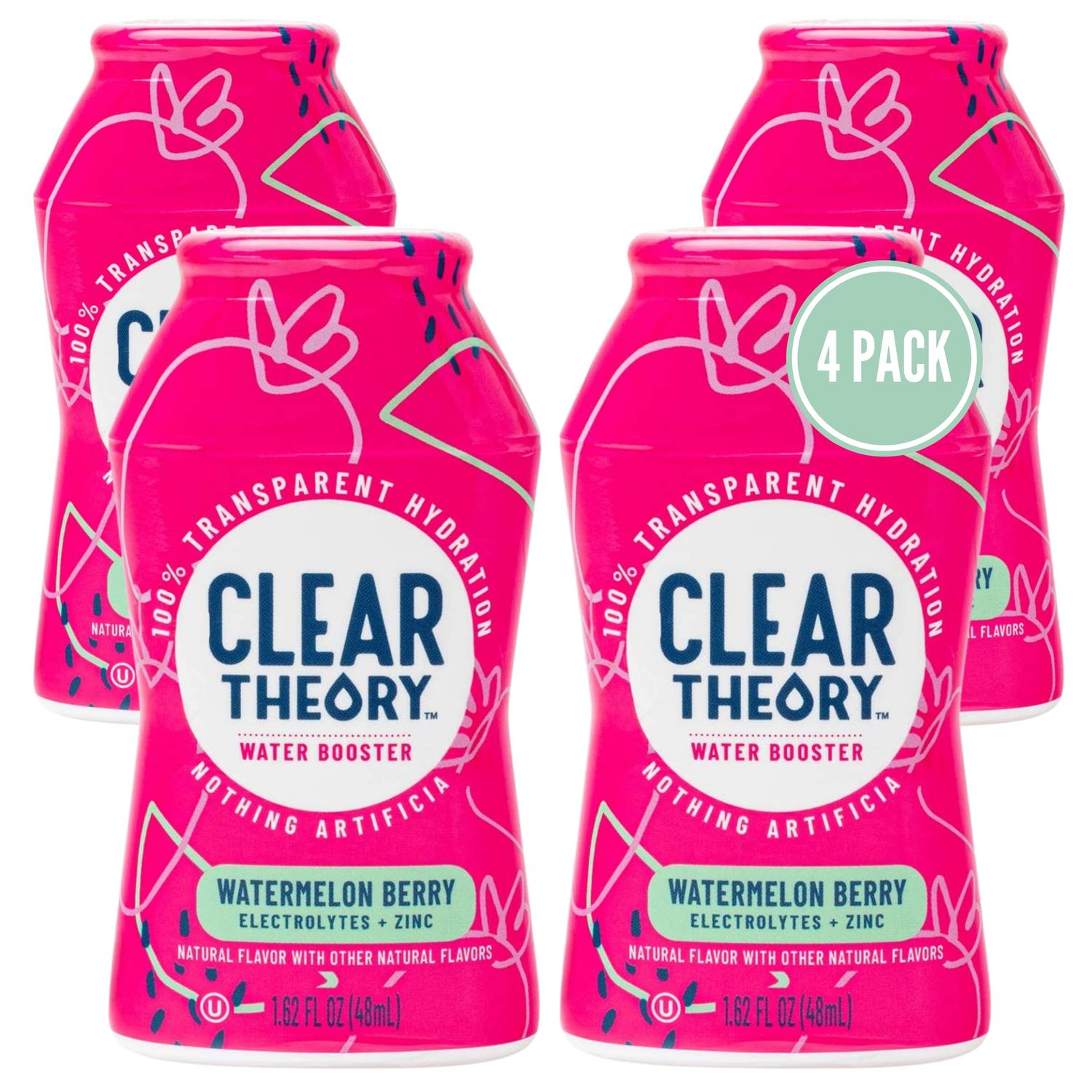 Clear Theory Water Flavoring Drops with Electrolytes, Water Enhancer Liquid Flavored Water Drink Mix, Hydration for Kids, Vegan, Gluten Free, Low Calorie, Watermelon Berry, 4 Pack, 1.62 Fl Oz Bottles