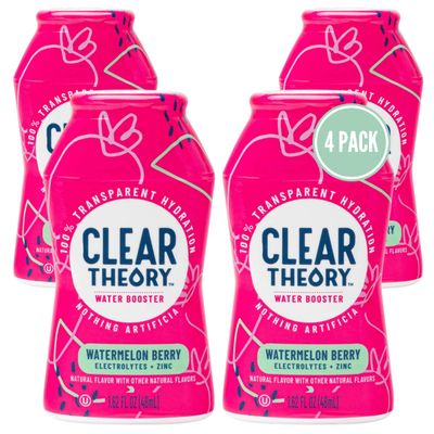 Clear Theory Water Flavoring Drops with Electrolytes, Water Enhancer Liquid Flavored Water Drink Mix, Hydration for Kids, Vegan, Gluten Free, Low Calorie, Watermelon Berry, 4 Pack, 1.62 Fl Oz Bottles