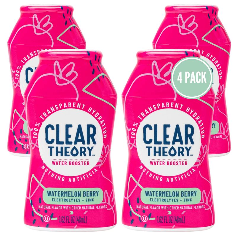 Clear Theory Water Flavoring Drops with Electrolytes, Water Enhancer Liquid Flavored Water Drink Mix, Hydration for Kids, Vegan, Gluten Free, Low Calorie, Watermelon Berry, 4 Pack, 1.62 Fl Oz Bottles