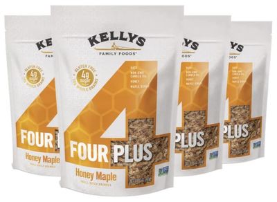 Kelly&#39;s Four Plus Granola (Honey Maple) Healthy Granola Cereal with Whole Grain Oats, Honey, Maple Syrup - Non-GMO, Low Sugar, Sodium Free and Gluten Free Granola for Yogurt - 12oz (Pack of 4)