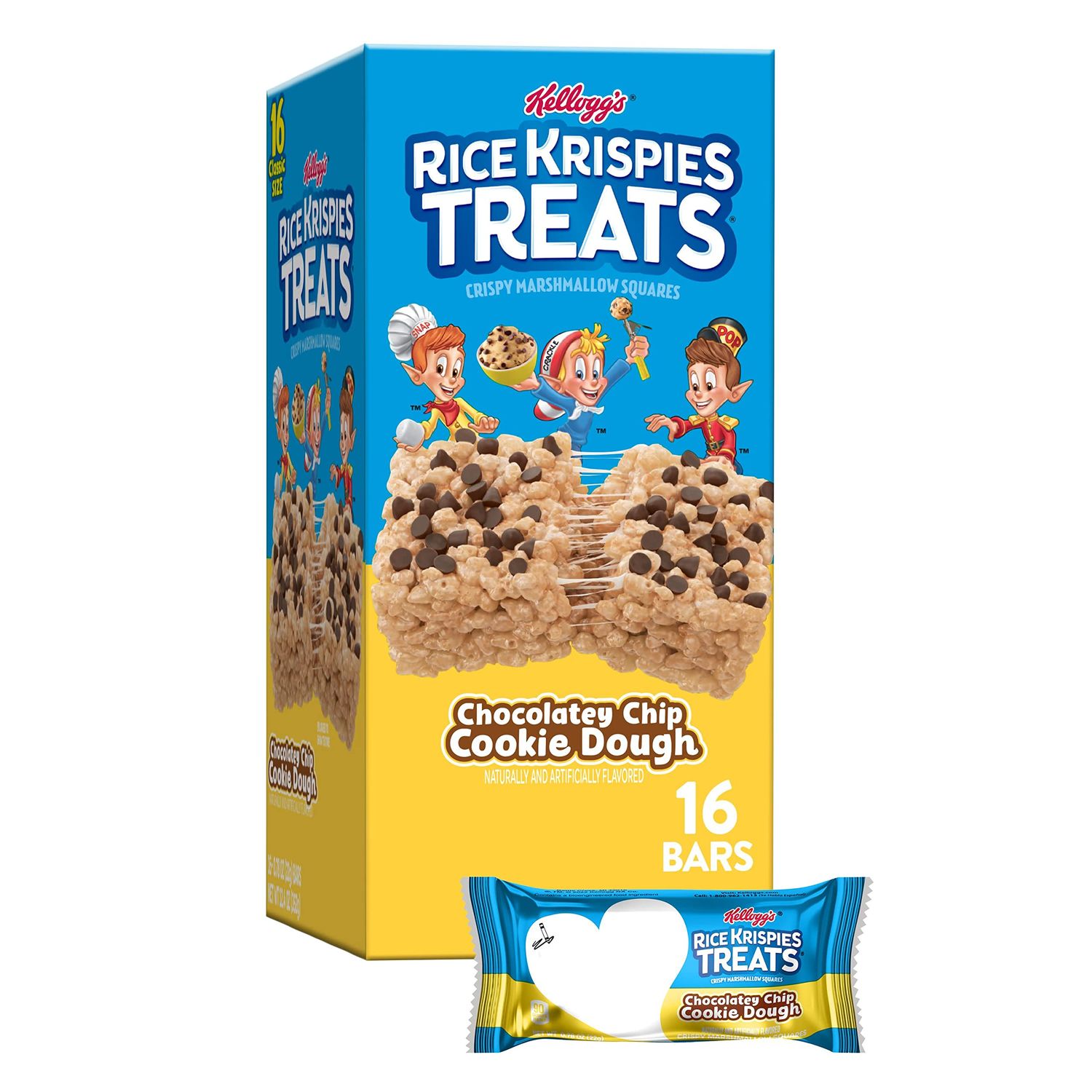 Rice Krispies Treats Marshmallow Snack Bars, Lunch Snacks, Kids Snacks, Chocolatey Chip Cookie Dough, 12.4oz Box (16 Bars)