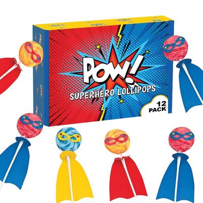 Superhero Candy Lollipops with Capes - 12 Individually Wrapped Suckers 2 Inch Swirled Pops - Marvel Party Favors