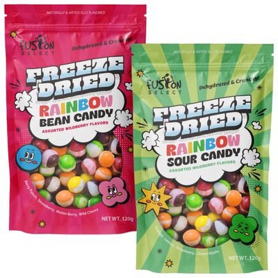 Fusion Select Rainbow Bean Candy - Assorted Freeze Dried Candy with Wildberry &amp; Sour Flavors - Dehydrated, Crunchy, Colorful Treats &amp; Snacks for Kids &amp; Adults - Packed in a Resealable Pouch 120g Each