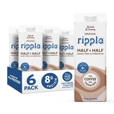 Ripple Half &amp; Half Plant Based Milk | 8g of Quality Sourced Pea Protein, Calcium Rich | Shelf Stable | Vegan, Non GMO Certified | Dairy, Soy, Nut, Gluten, &amp; Lactose Free | 32 Fl Oz Cartons (Pack of 6)