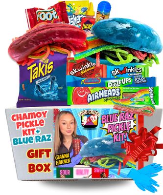 Chamoy Pickle Kit For 2 People + Blue Raspberry Pickle Kit In A Gift Box with Takis chips, Fruit Roll ups, skwinkles and other Mexican candy snacks. The Gift Box From Tiktok Variety Pack by Food Crush