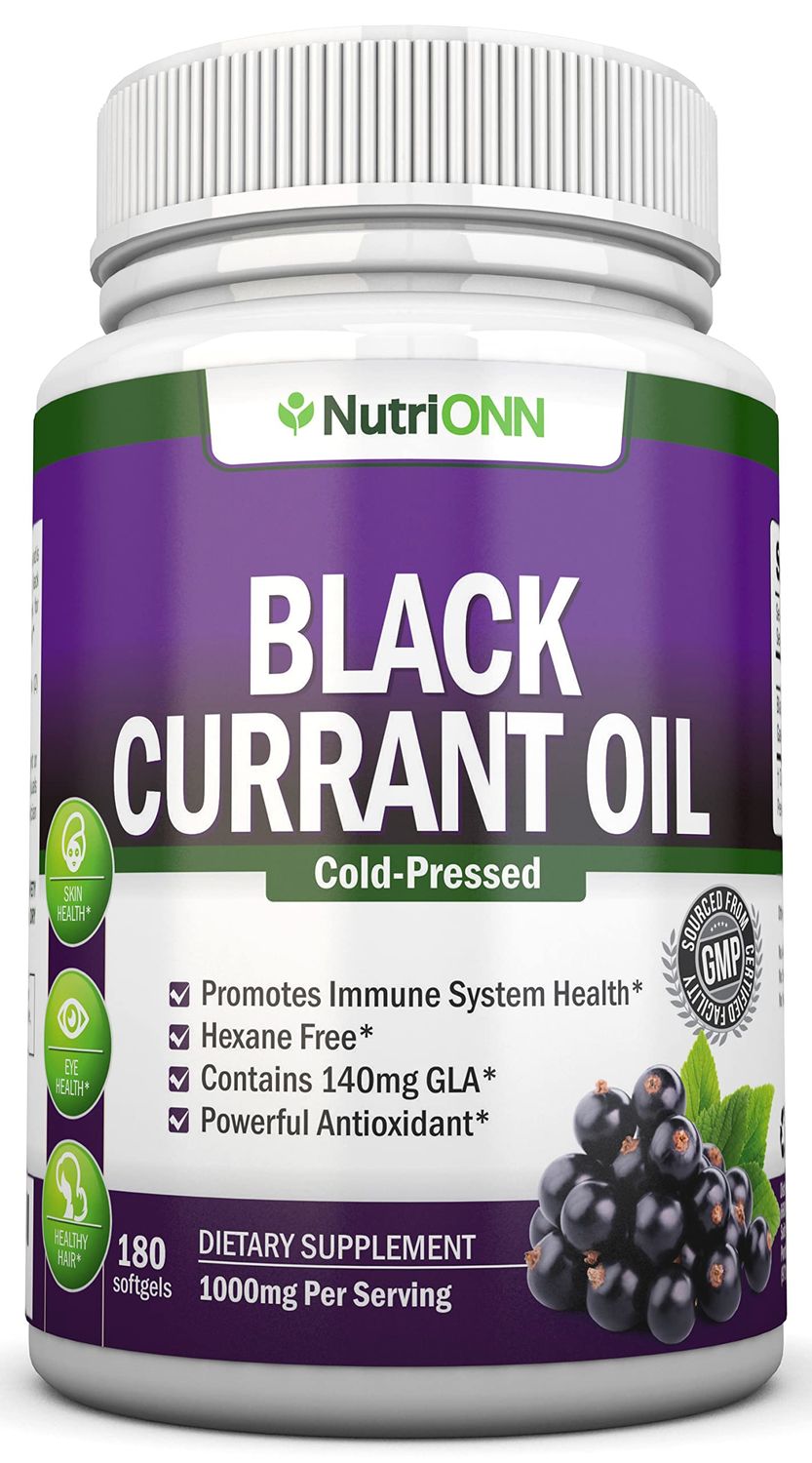 Black Currant Oil - 1000 Mg - 180 Softgels - Cold-Pressed Pure Black Currant Seed Oil - Hexane Free - 140mg GLA Per Serving - Regulates Hormonal Balance - Great for Immune System, Hair and Skin