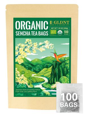 GLDNT Organic Sencha Tea Bags, Natural Organic Sencha Green Tea, Fresh &amp; Smooth Flavor, Iced &amp; Hot Tea, 100 Count