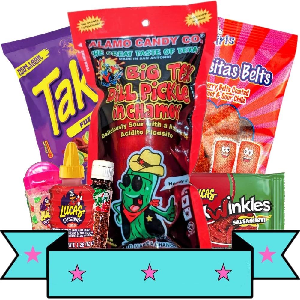 Chamoy Pickle Kit, Takis, Popular Mexican Candy, As Seen on Tik Tok Trend Items, Lucas Gusano, Salsagheti, Tajin, Sour Belts, Pepinillo de chamoy 7 piece