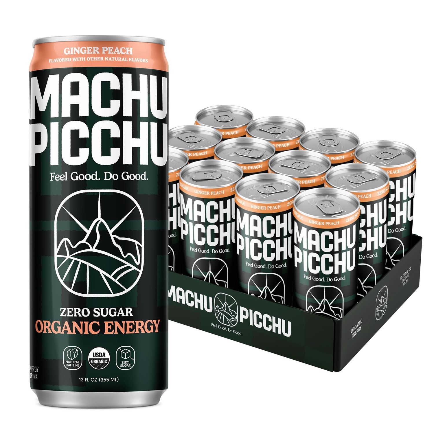 MACHU PICCHU Organic Energy Drink Sugar Free, Ginger Peach Flavor Pack, 12 Fl oz (Pack of 12) Organic Caffeine Energy Drink, No Preservatives