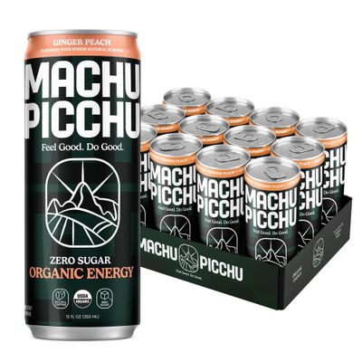 MACHU PICCHU Organic Energy Drink Sugar Free, Ginger Peach Flavor Pack, 12 Fl oz (Pack of 12) Organic Caffeine Energy Drink, No Preservatives