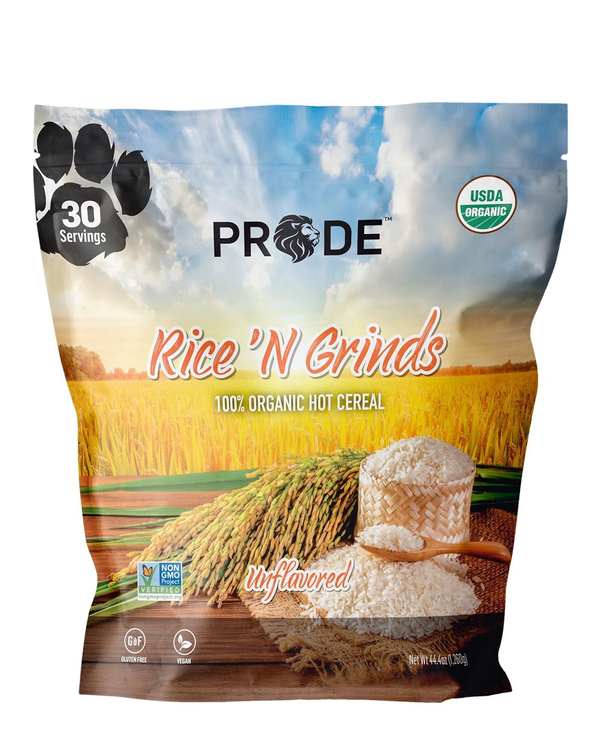 Pride Foods Rice &#39;N Grinds, 100% Natural Hot Rice Cereal, Unflavored, 30 Servings, 44.4oz