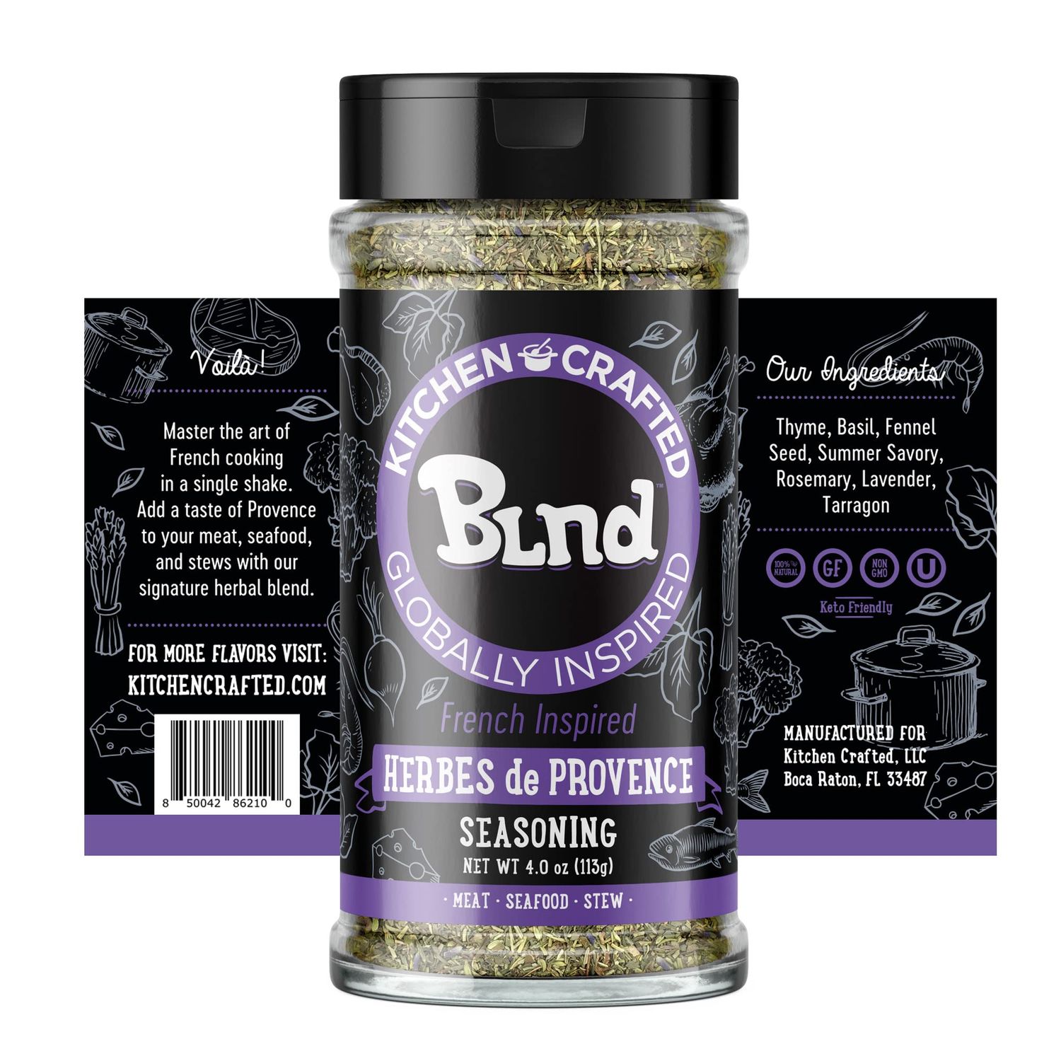 Kitchen Crafted - BLND Herbes de Provence, Gluten-Free Herbs, Spices &amp; Seasonings, Non-GMO French Herbs &amp; Savory Seasoning, Use for Meat, Stews, &amp; Seafood, 4 oz