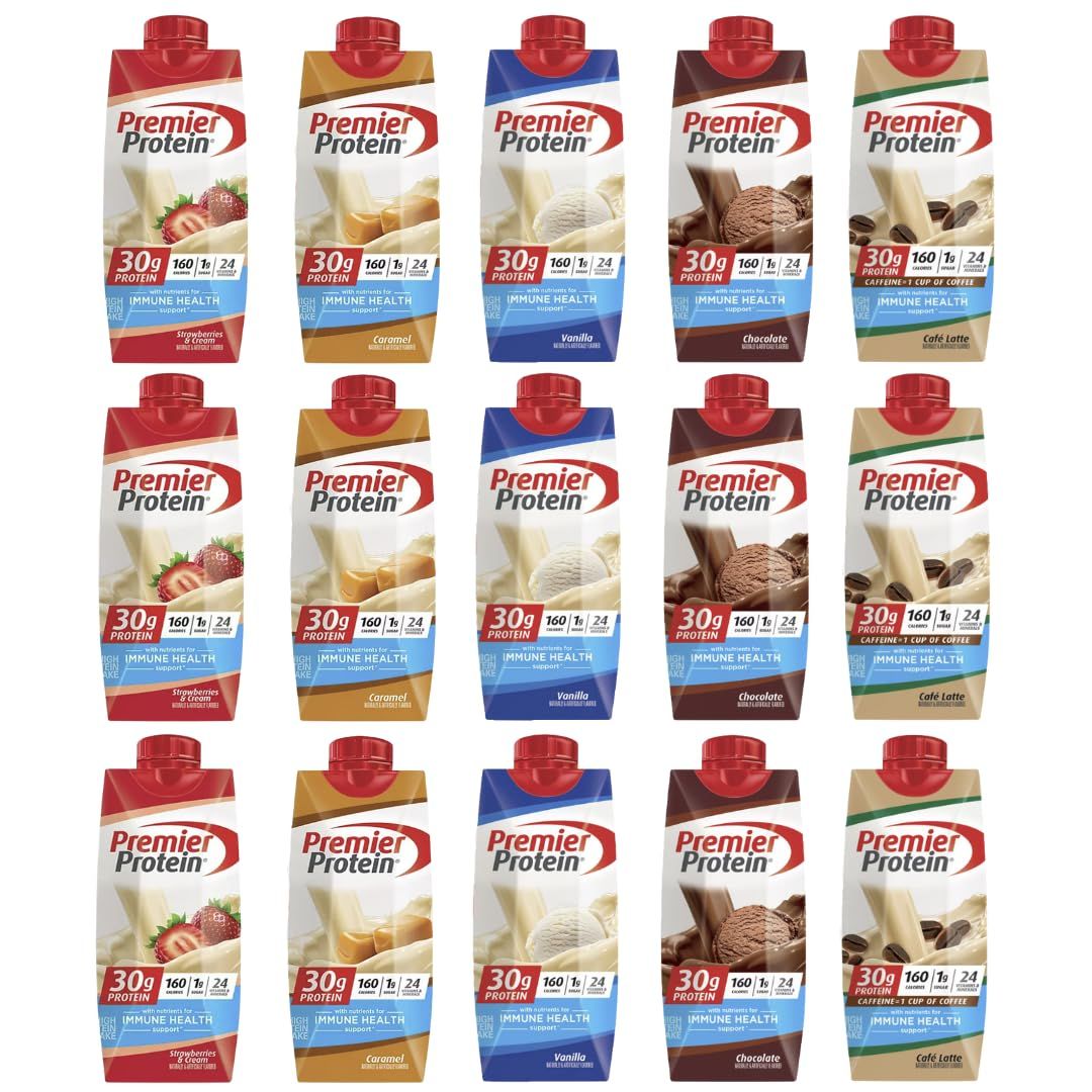 Premier Protein Shakes, High Protein Shake Assorted Sampler Variety Pack - 11 Fl Oz (5 Flavor - Pack of 15)