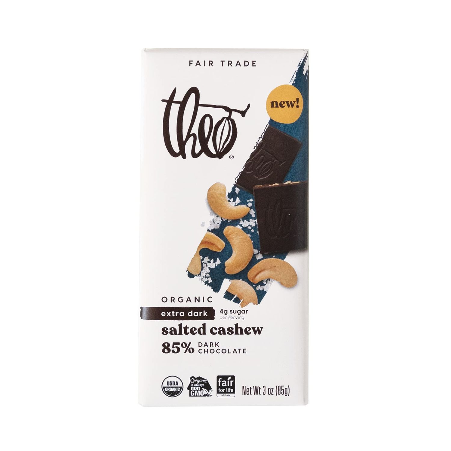 Theo Chocolate Salted Cashew Organic Dark Chocolate Bar, 85% Cacao, 12 Pack | Vegan, Fair Trade