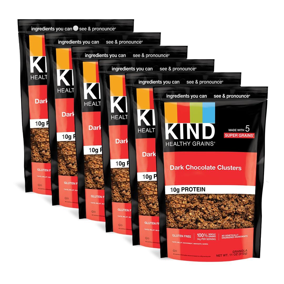 KIND Healthy Grains Clusters, Dark Chocolate Granola, Gluten Free, 10g Protein, 11 Ounce (Pack of 6)