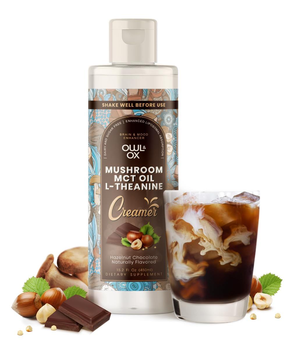 Mushroom Coffee Creamer with MCT Oil by Owl &amp; Ox | L Theanine, Nootropic Superfood Blend, Vegan, Sugar Free, Dairy Free, Adaptogens, Plant Based &amp; Keto Friendly, Hazelnut Chocolate Flavor, 30 Servings
