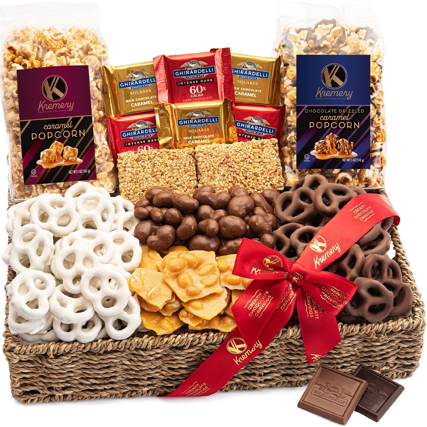 KREMERY Creamy Chocolate Cravings - Valentines Chocolate Covered Pretzels &amp; Caramel Popcorn Gift Basket in Seagrass Tray + Ribbon Deluxe (3.5 lbs) Birthday Sweet Treat Kosher Dairy