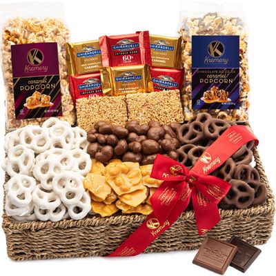 KREMERY Creamy Chocolate Cravings - Valentines Chocolate Covered Pretzels &amp; Caramel Popcorn Gift Basket in Seagrass Tray + Ribbon Deluxe (3.5 lbs) Birthday Sweet Treat Kosher Dairy