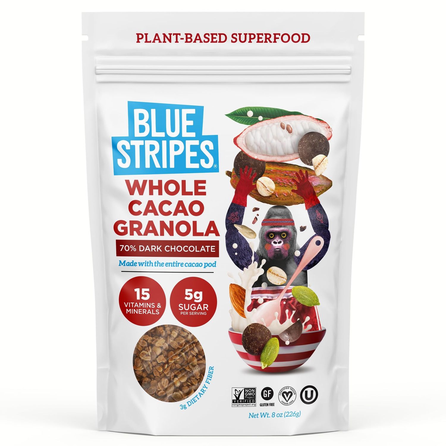 Blue Stripes Whole Cacao Granola (Dark Chocolate) - Gluten-Free, Low-Sugar, All-Natural, Non-GMO | No Refined Sugar | Vegan | No Artificial Ingredients | (3 Pack)