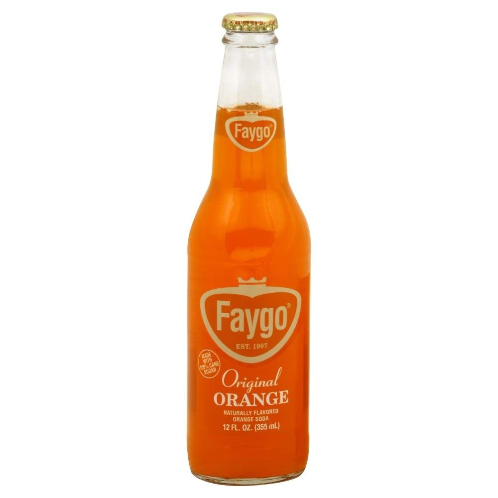 Faygo original orange flavor soda, 100% cane sugar, 12-fl. oz. glass bottle