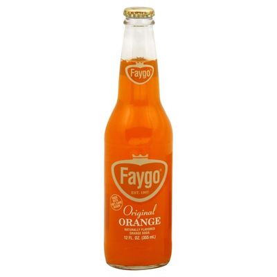Faygo original orange flavor soda, 100% cane sugar, 12-fl. oz. glass bottle