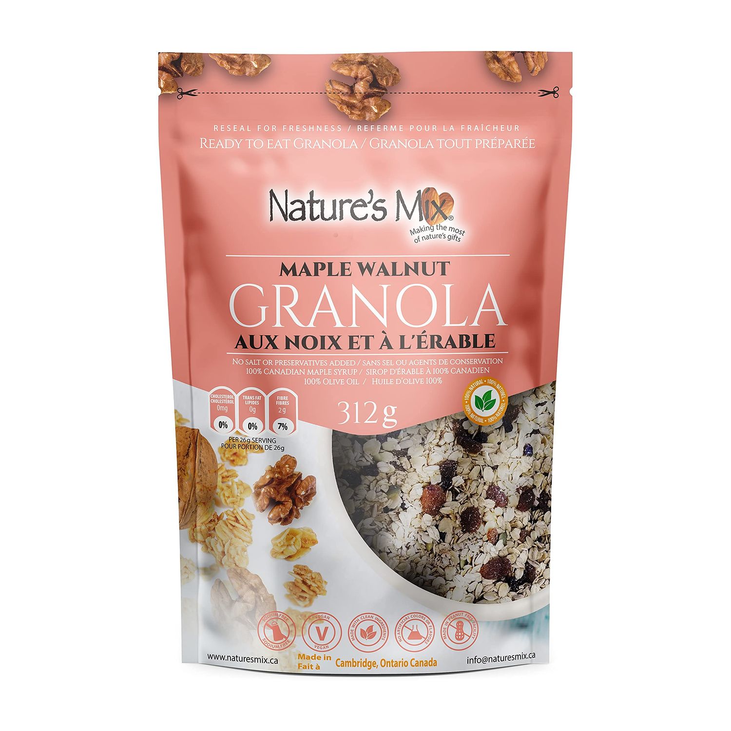 Nature&#39;s Mix Maple Walnut Granola - Packed with Walnuts, Raisins, and Dried Currants - Sweetened with Canadian Maple Syrup - No Sugar, Salt, or Preservatives - For Yogurt, Cereal, or Snacking (Small)