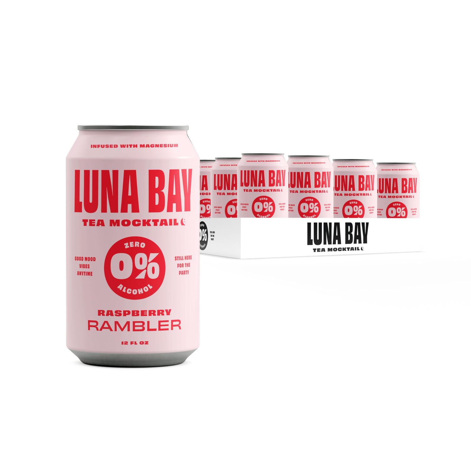 Luna Bay Zero Percent Tea Mocktail - Craft Mocktail Mixer Non-Alcoholic Beverage with Yerba Mate &amp; Magnesium, Vegan, Low Sugar and Gluten Free - Raspberry Rambler (12 Pack, 12 fl oz Cans)