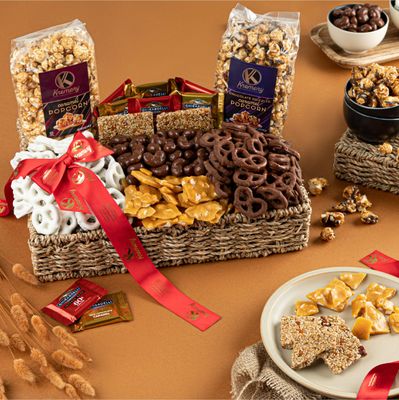 KREMERY Creamy Chocolate Cravings - Valentines Chocolate Covered Pretzels & Caramel Popcorn Gift Basket in Seagrass Tray + Ribbon Deluxe (3.5 lbs) Birthday Sweet Treat Kosher Dairy