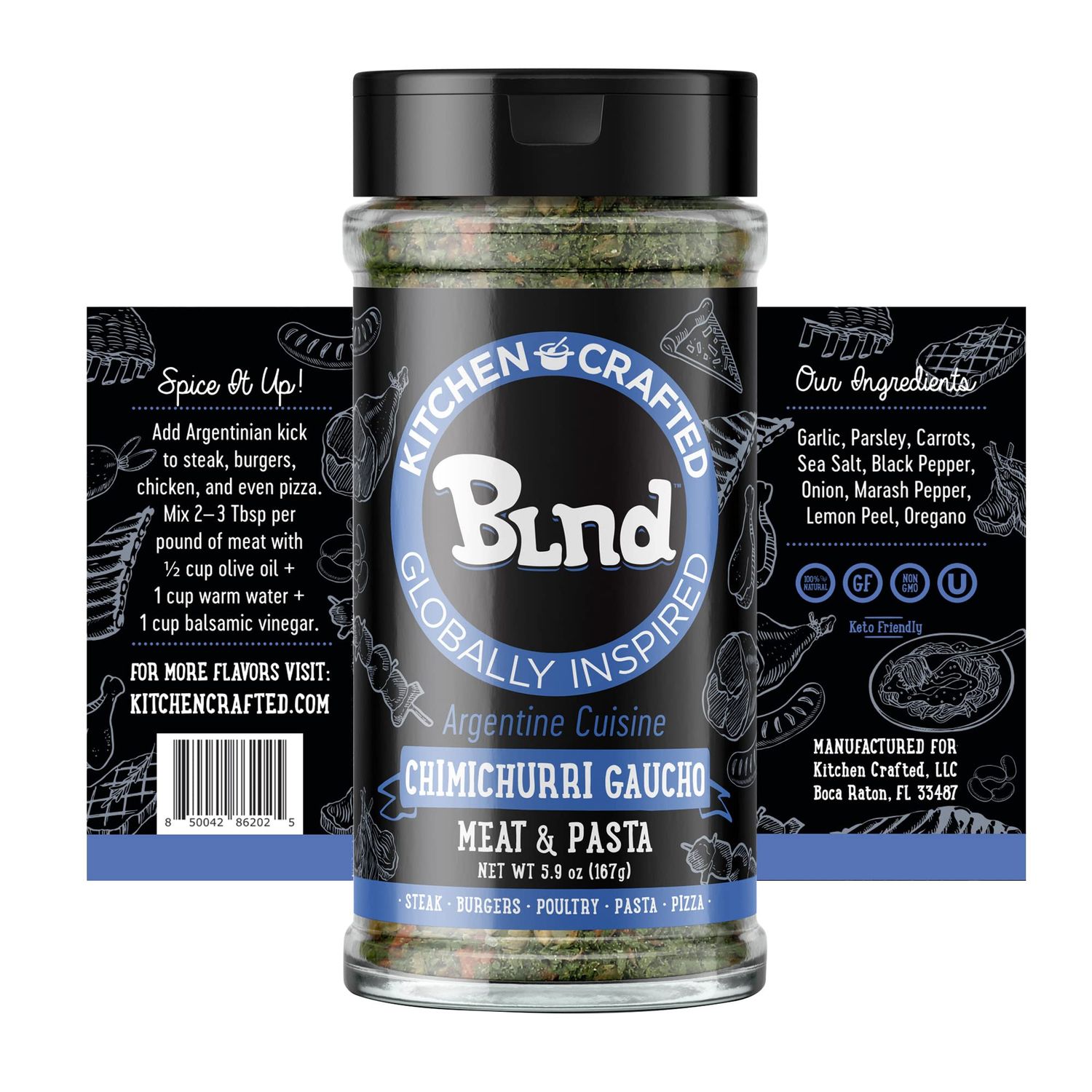 Kitchen Crafted - BLND Chimichurri Seasoning Dry Rub, Argentinian Herbs, Spices &amp; Seasonings, Use As Pizza Seasoning, Steak Seasoning, Poultry Seasoning, or Argentine Grill Seasoning, 5.9 oz