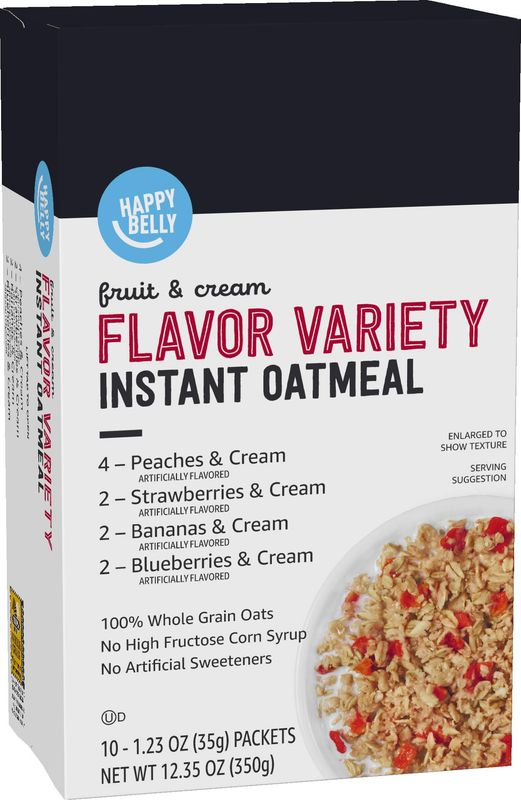 Amazon Brand - Happy Belly Instant Oatmeal, Fruit &amp; Cream Variety Pack, 1.23 ounce (Pack of 10)