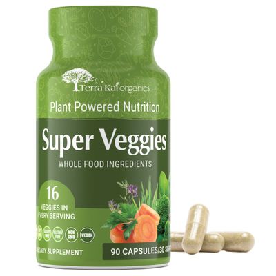 TERRA KAI ORGANICS Organic Super Veggies Supplement Gluten/Gelatin Free, Non GMO, Soy Free &amp; Vegan | Green Superfood Capsules | 16 Vegetables (90 Count) (Veggies)