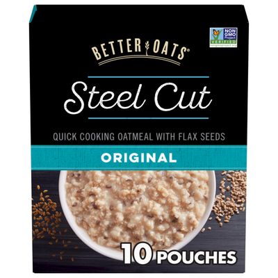Better Oats Original Steel Cut Oatmeal Packets, Original Flavor,Instant Oatmeal Packets with Steel Cut Oats and Flax Seeds, Quick Oatmeal Pouches Ready in 2.5 Minutes, Box of 10 Pouches (Pack of 6)