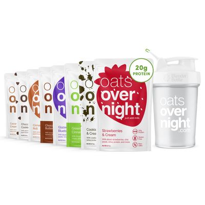 Oats Overnight Party Variety Pack - High Protein, High Fiber Breakfast Protein Shake - Gluten Free Oatmeal, Non GMO Oatmeal - Cookies &amp; Cream, Coconut Cream Pie &amp; More Flavors (8 Pack + BlenderBottle)