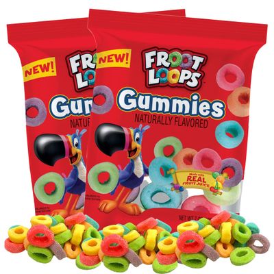 Froot Loops Gummies, Assorted Real Fruit Juice Flavored Gummy Candy Bags, Nostalgia Favorite Cereal Flavored Candies, 7 Ounces Each, Pack of 2