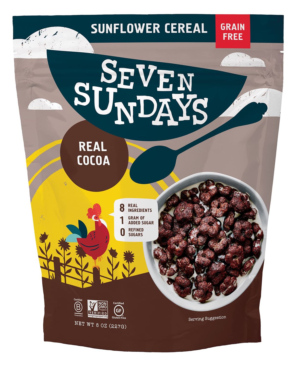 Seven Sundays Sunflower Cereal, Real Cocoa, 8 Oz Bag, Grain &amp; Gluten Free, 5g Upcycled Protein, 1g Added Sugar, Crunchy Chocolate Snack