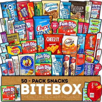 BITEBOX Snack Box (50 Count) Valentines Day Variety Pack Care Package Gift Basket Adult Kid Guy Girl Women Men Birthday College Student Office School