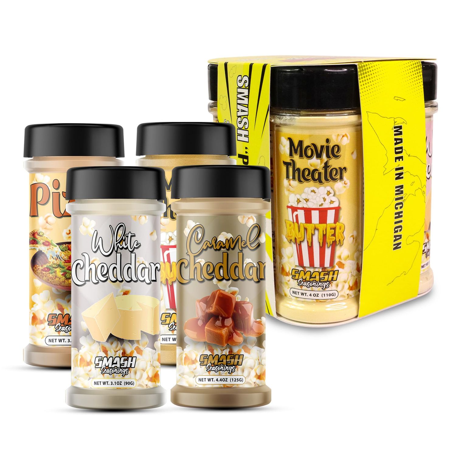 Smash Popcorn Seasoning 4 Pack (White Cheddar, Caramel Cheddar, Movie Theater Butter, Pizza)