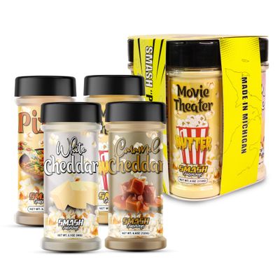 Smash Popcorn Seasoning 4 Pack (White Cheddar, Caramel Cheddar, Movie Theater Butter, Pizza)