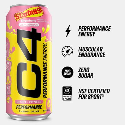 Cellucor C4 Performance Energy Drink | STARBURST Strawberry | Zero Sugar Carbonated Preworkout Energy | 200mg Caffeine with Beta Alanine | 16 Fl Oz (12 Pack)