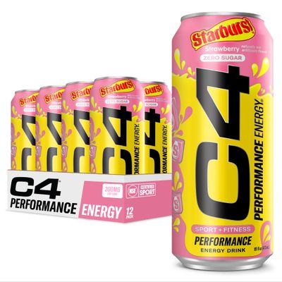 Cellucor C4 Performance Energy Drink | STARBURST Strawberry | Zero Sugar Carbonated Preworkout Energy | 200mg Caffeine with Beta Alanine | 16 Fl Oz (12 Pack)