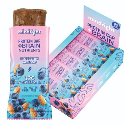 MINDRIGHT Superfood Vegan Protein Bars | Gluten Free Non-Gmo Low Sugar | Plant based protein bars | All Natural Brain Food Healthy Snack To Help Enhance Mood &amp; Energy ((Blueberry Almond,12 Pack)