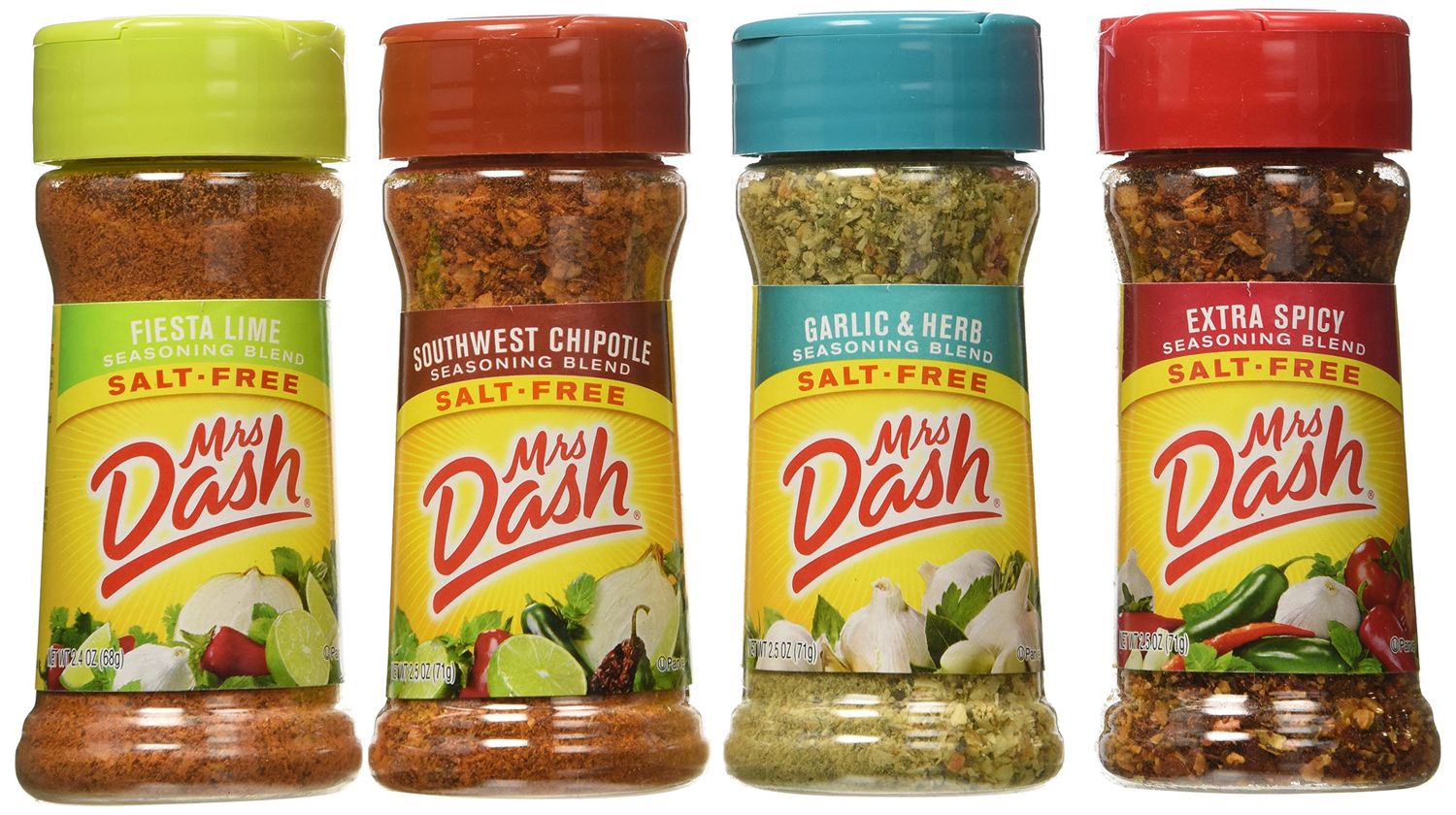 Mrs. Dash Extra Spicy(2.5oz), Southwest Chipotle(2.5oz), Garlic &amp; Herb (2.5oz) and Fiesta Lime (2.4oz) Salt-Free Seasoning (Bundle)