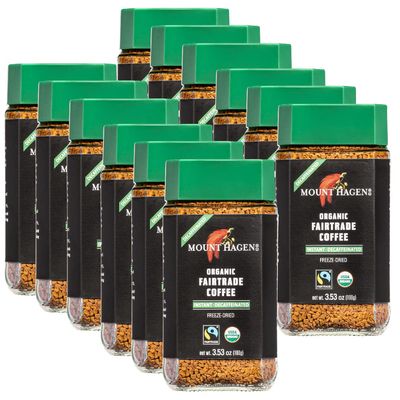 Mount Hagen 3.53oz Organic Freeze Dried Instant Decaf Coffee-12 Pack | Eco-friendly, Fair-Trade Decaf Coffee Made From Organic Medium Roast Arabica Beans [12x 3.53oz Jar]
