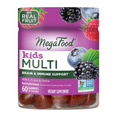MegaFood Kids Multivitamin Gummies - Kids Vitamins - Age 4+ with Vitamin C, Vitamin D, Zinc, Choline, and Real Fruit - Brain &amp; Immune Support - Berrylicious Flavor - 60 Gummies (30 Servings)