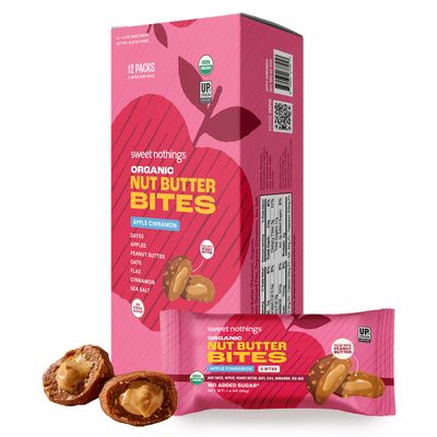 Sweet Nothings, Apple Cinnamon, USDA Organic Nut Butter Bites Protein Bar, Nut &amp; Date Snack, Filled with Peanut Butter, 12-2 Bite Value Packs - No Added Sugar, Plant Based, Vegan, Only 7 Ingredients